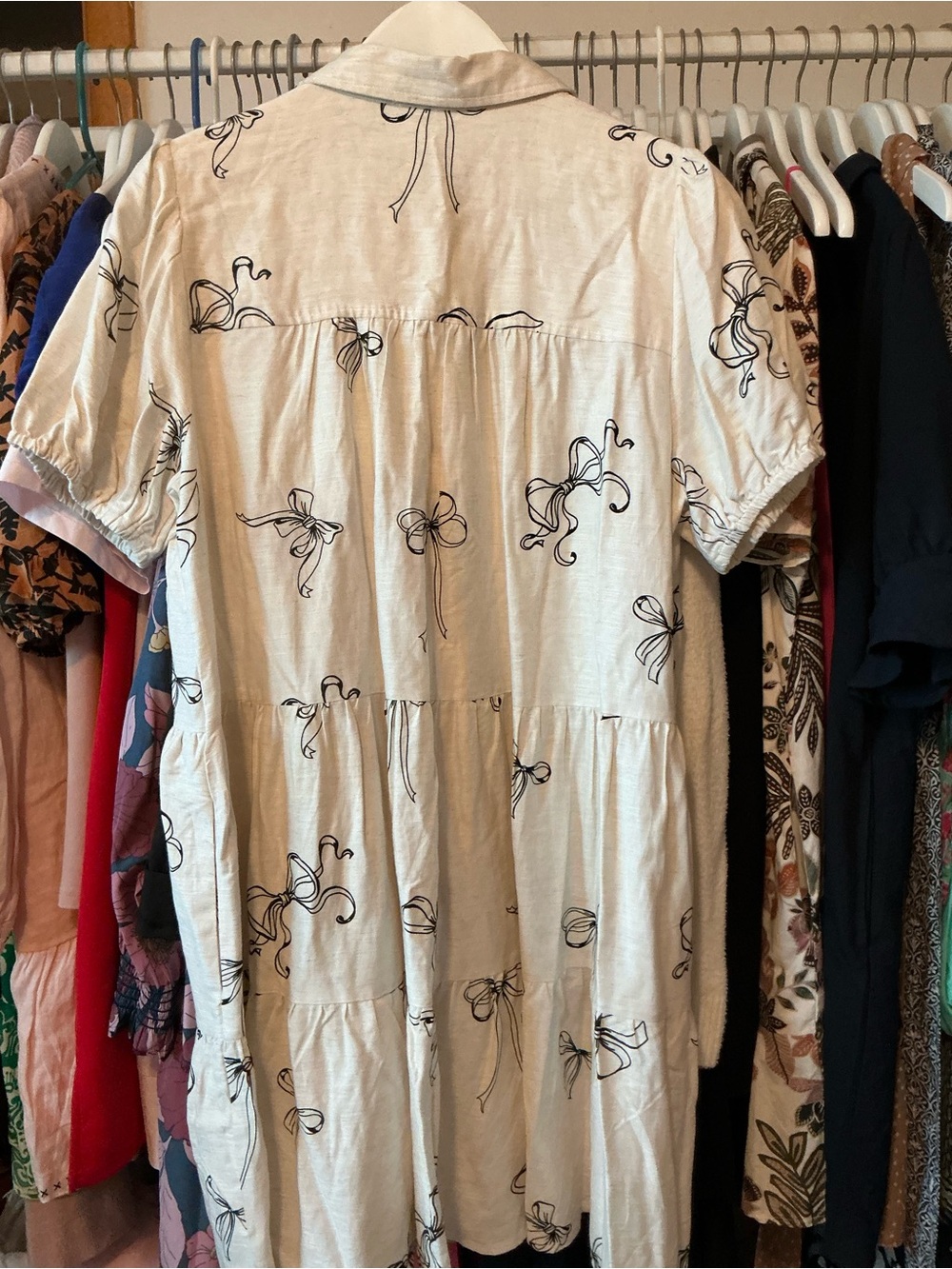 Jane and Delancey Cream Button-Front Tiered Dress Black Bow Print size large - Picture 3 of 4